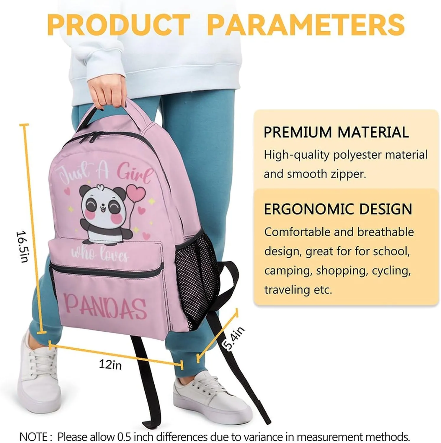 Panda Backpacks for Girls - 16 Inch Cute Backpack for School - Pink, Large Capacity, Durable, Lightweight Bookbag for Kids Travel