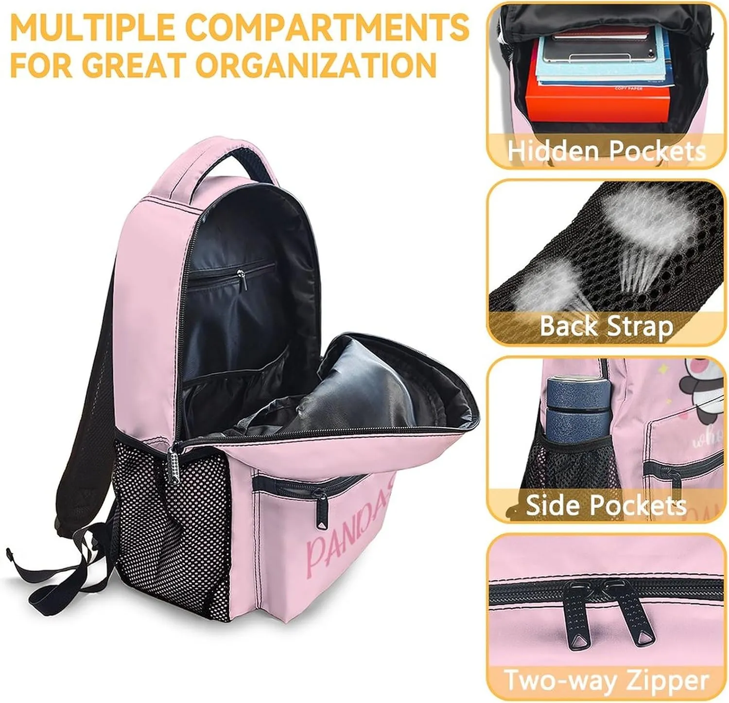 Panda Backpacks for Girls - 16 Inch Cute Backpack for School - Pink, Large Capacity, Durable, Lightweight Bookbag for Kids Travel