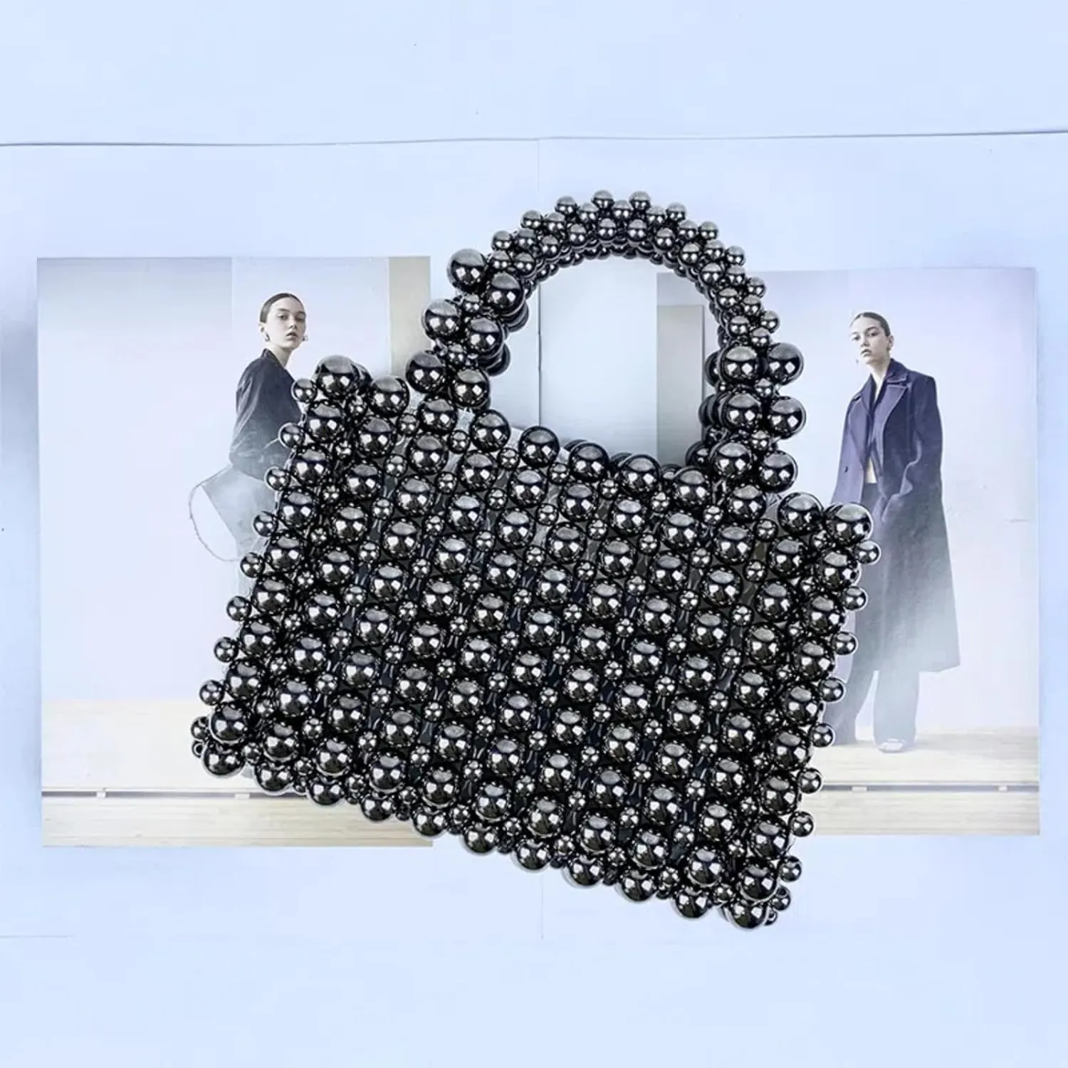 Pearl Bag, Acrylic Beaded Handmade Women’s Bag, Pearl Clutch Purse Handheld Small Square Handbag for Women Party