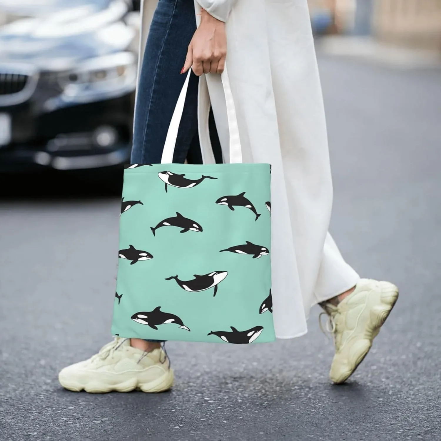 Penguin Balloon Snowflake Print Large Canvas Beach Travel Reusable Grocery Shopping Tote Bag Portable Storage Handbag