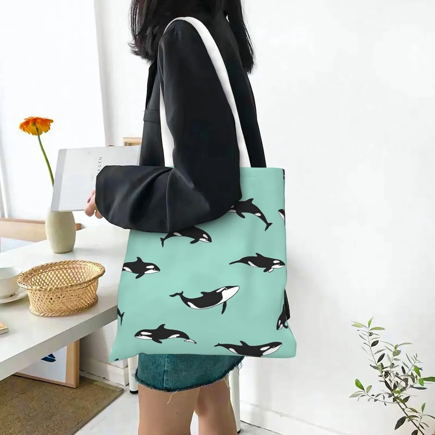 Penguin Balloon Snowflake Print Large Canvas Beach Travel Reusable Grocery Shopping Tote Bag Portable Storage Handbag