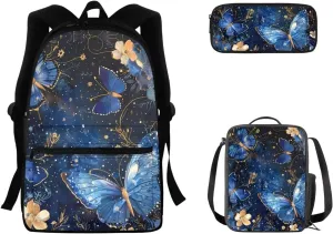 Pensura Blue Butterfly Backpack Set for Teen Girls 3 Pieces Bookbag with Insulated Lunch Bag and Pencil Case Aesthetic Flowers Casual Daypack Backpacks for Women