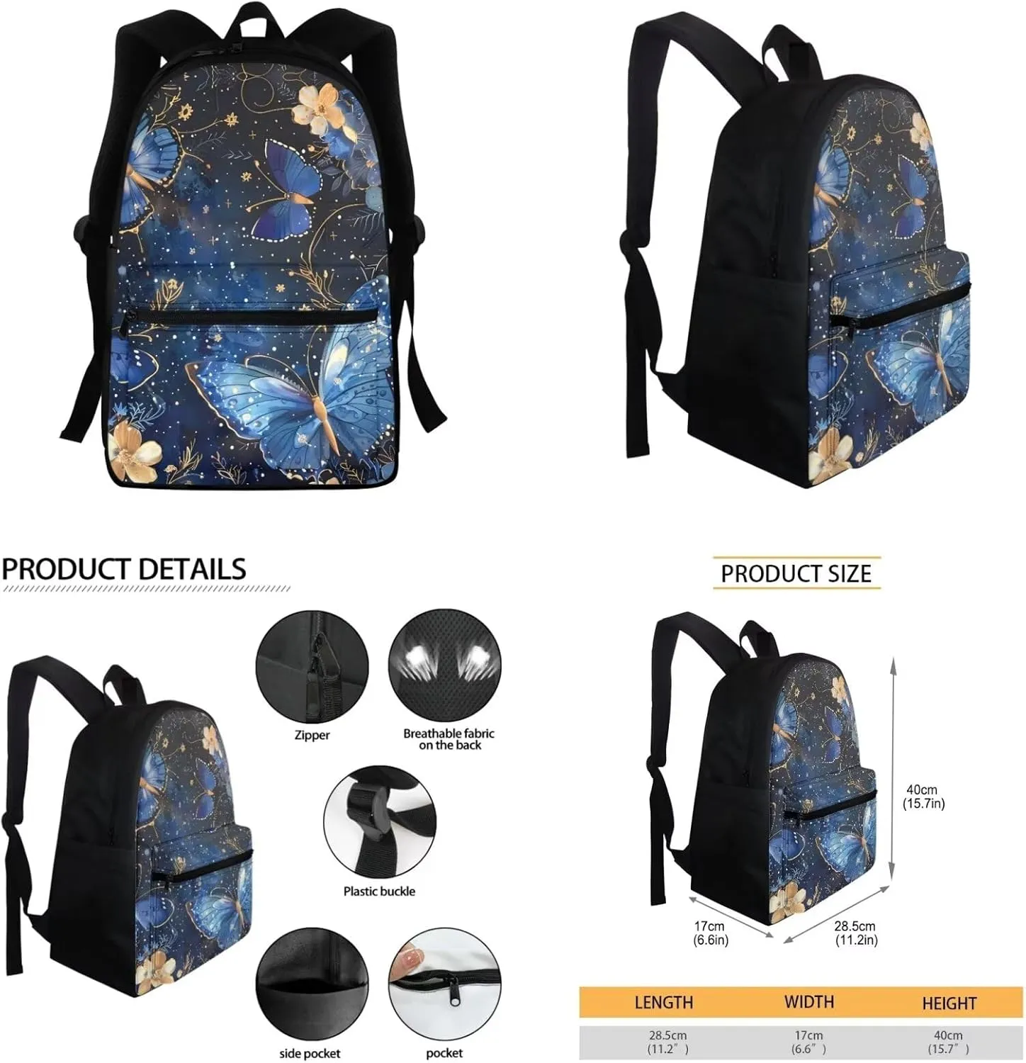 Pensura Blue Butterfly Backpack Set for Teen Girls 3 Pieces Bookbag with Insulated Lunch Bag and Pencil Case Aesthetic Flowers Casual Daypack Backpacks for Women