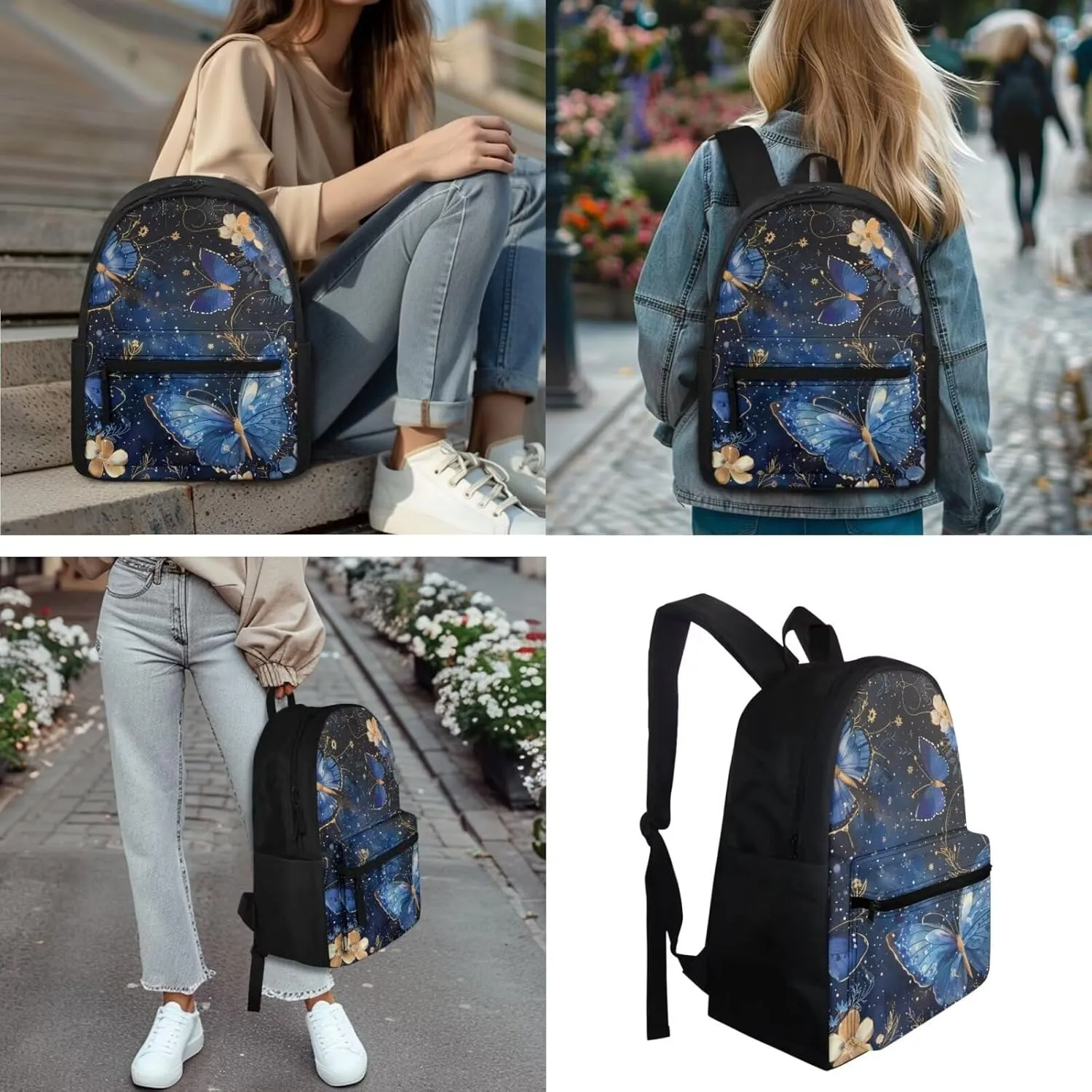 Pensura Blue Butterfly Backpack Set for Teen Girls 3 Pieces Bookbag with Insulated Lunch Bag and Pencil Case Aesthetic Flowers Casual Daypack Backpacks for Women