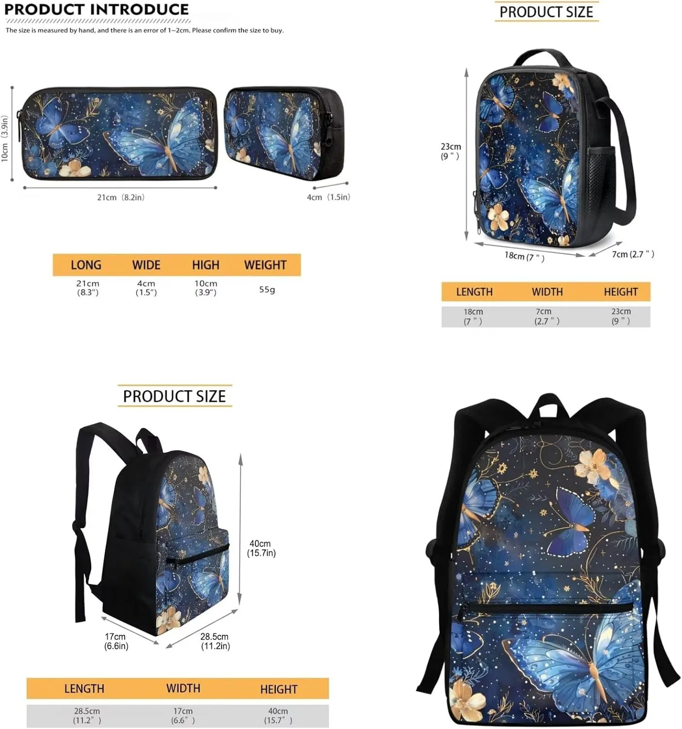 Pensura Blue Butterfly Backpack Set for Teen Girls 3 Pieces Bookbag with Insulated Lunch Bag and Pencil Case Aesthetic Flowers Casual Daypack Backpacks for Women