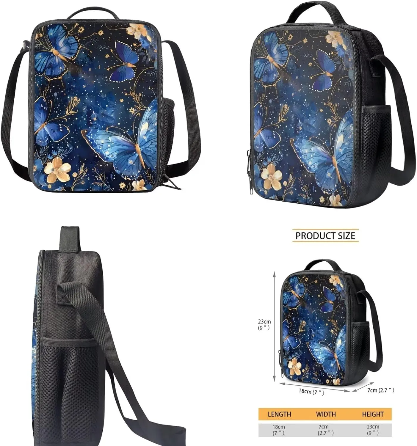 Pensura Blue Butterfly Backpack Set for Teen Girls 3 Pieces Bookbag with Insulated Lunch Bag and Pencil Case Aesthetic Flowers Casual Daypack Backpacks for Women