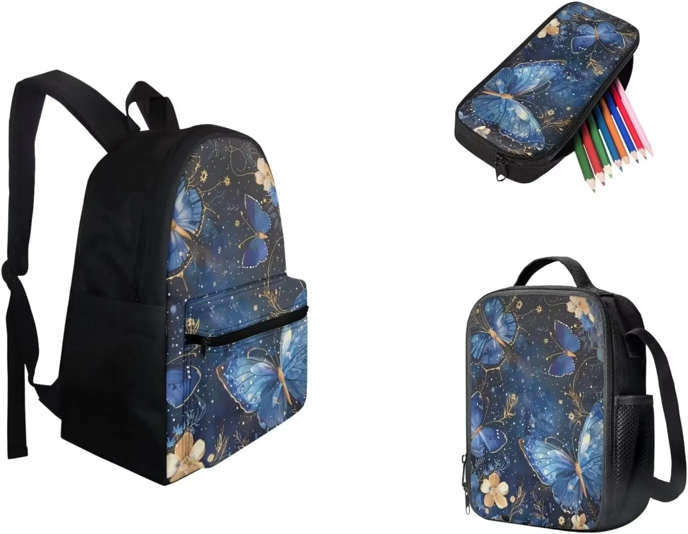 Pensura Blue Butterfly Backpack Set for Teen Girls 3 Pieces Bookbag with Insulated Lunch Bag and Pencil Case Aesthetic Flowers Casual Daypack Backpacks for Women