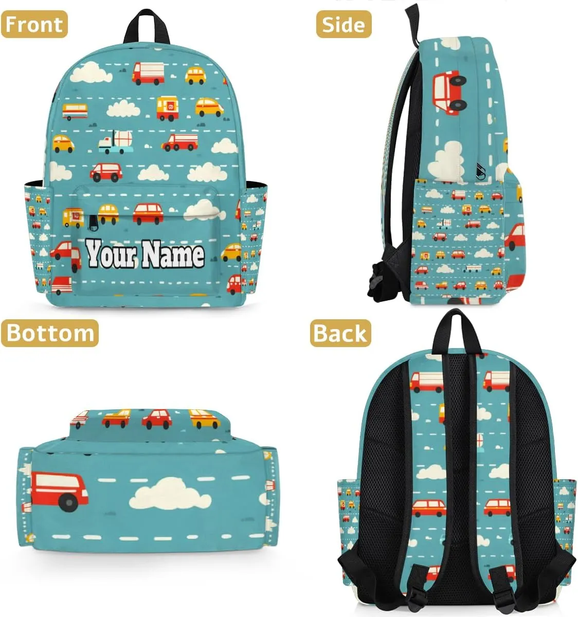 Personalized Cars Print Preschool Toddler Backpack for Boys Girls Custom Kids Name Small Bookbags Kindergarten Elementary Backpack, Cartoon Car