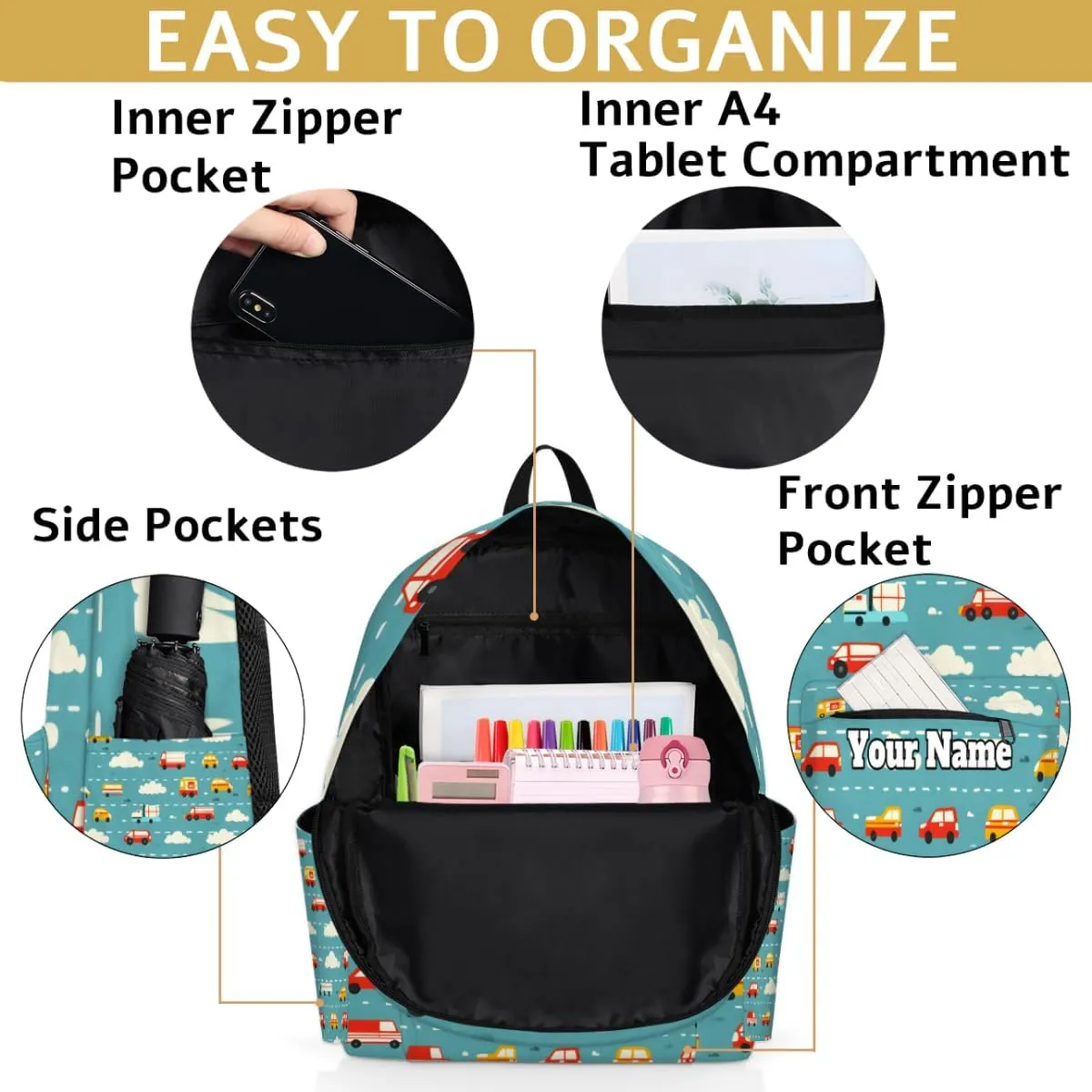 Personalized Cars Print Preschool Toddler Backpack for Boys Girls Custom Kids Name Small Bookbags Kindergarten Elementary Backpack, Cartoon Car