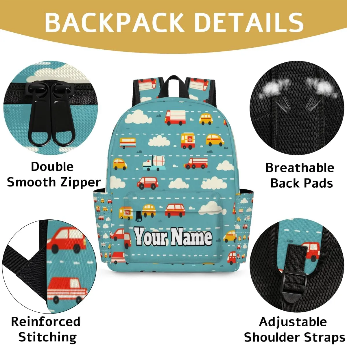 Personalized Cars Print Preschool Toddler Backpack for Boys Girls Custom Kids Name Small Bookbags Kindergarten Elementary Backpack, Cartoon Car