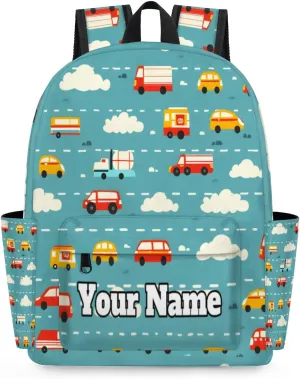 Personalized Cars Print Preschool Toddler Backpack for Boys Girls Custom Kids Name Small Bookbags Kindergarten Elementary Backpack, Cartoon Car