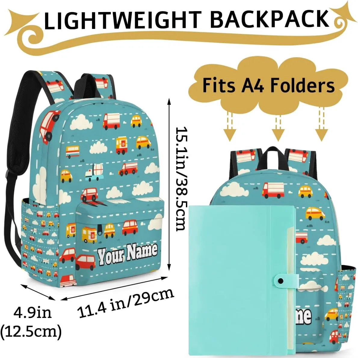 Personalized Cars Print Preschool Toddler Backpack for Boys Girls Custom Kids Name Small Bookbags Kindergarten Elementary Backpack, Cartoon Car