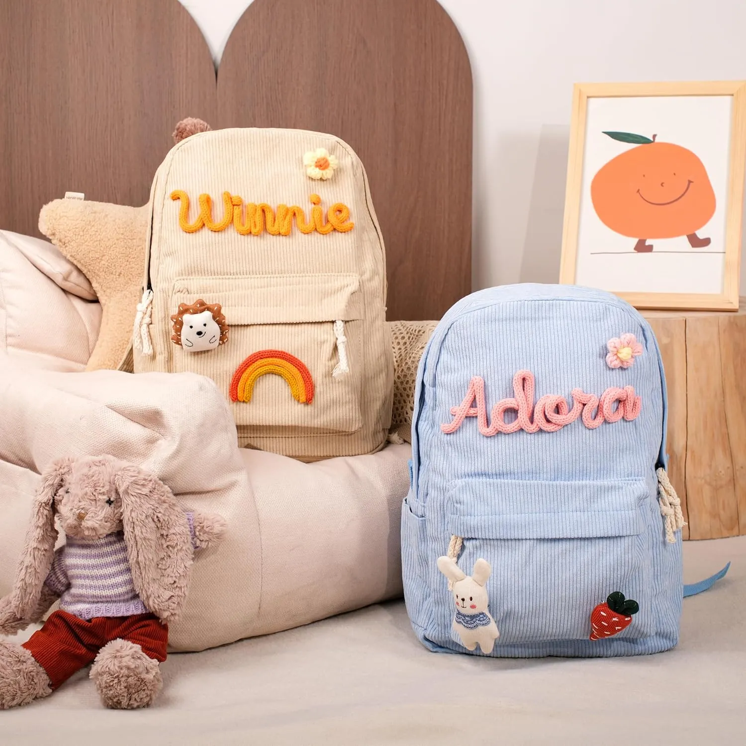 Personalized Corduroy Backpack, Custom Embroidered Name Aesthetic School Bag, Monogram Book Bag for Toddlers and Kids (Green)