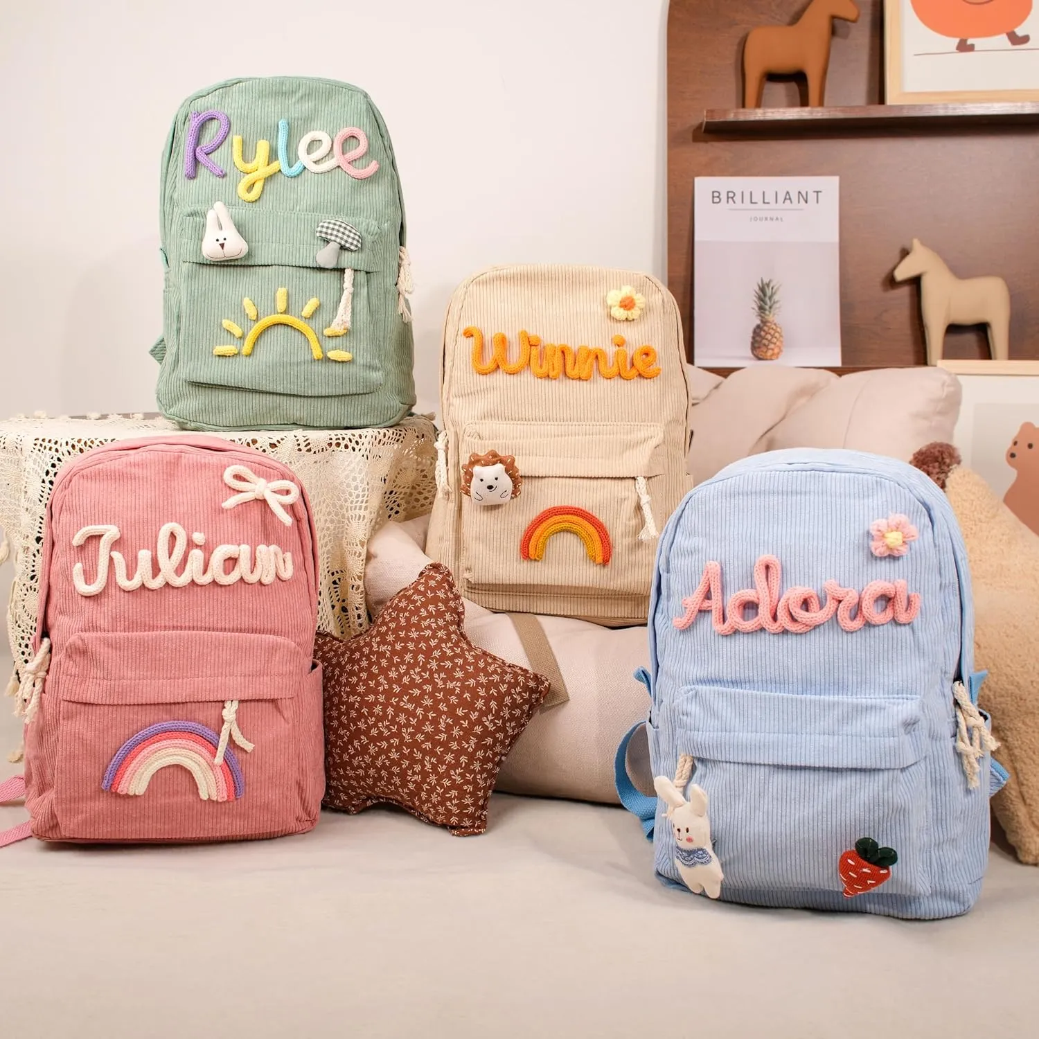 Personalized Corduroy Backpack, Custom Embroidered Name Aesthetic School Bag, Monogram Book Bag for Toddlers and Kids (Green)