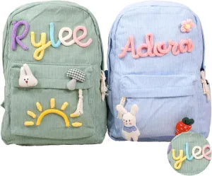 Personalized Corduroy Backpack, Custom Embroidered Name Aesthetic School Bag, Monogram Book Bag for Toddlers and Kids (Green)