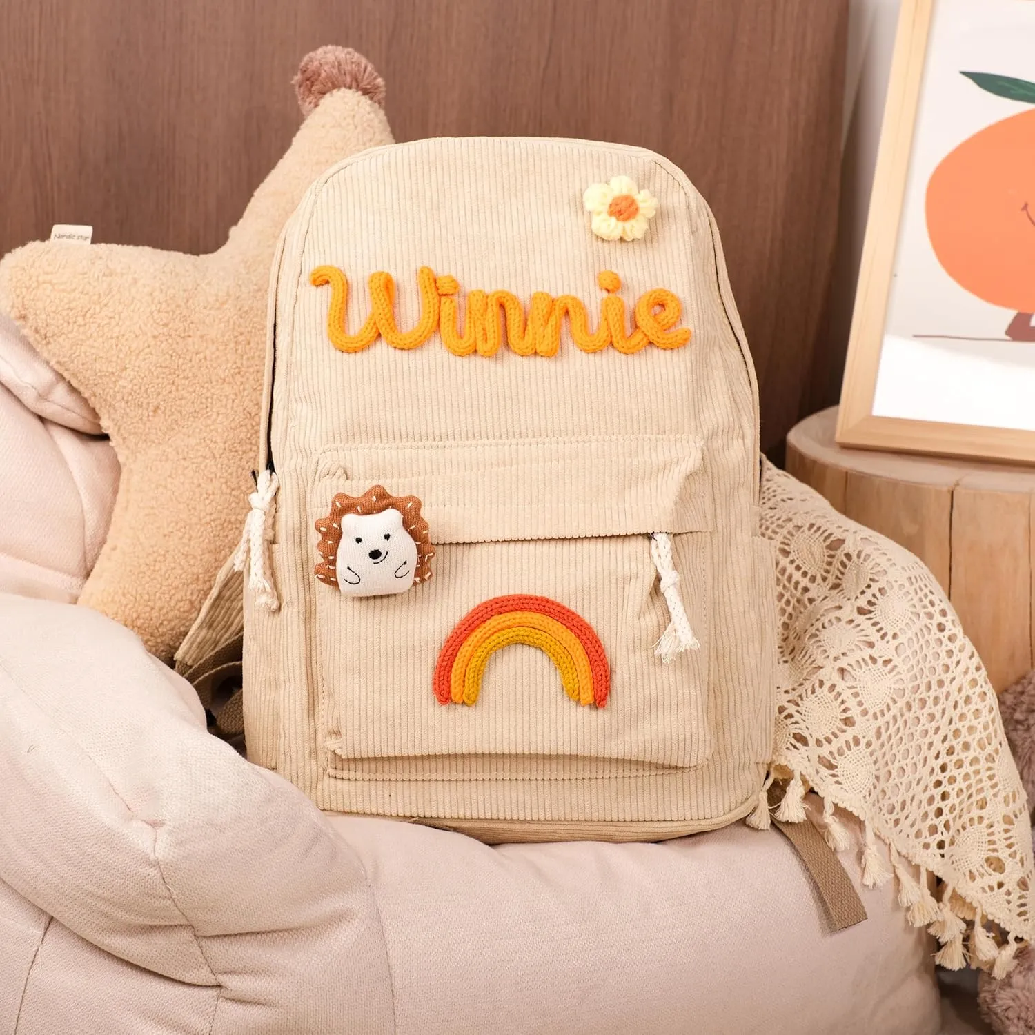 Personalized Corduroy Backpack, Custom Embroidered Name Aesthetic School Bag, Monogram Book Bag for Toddlers and Kids (Green)