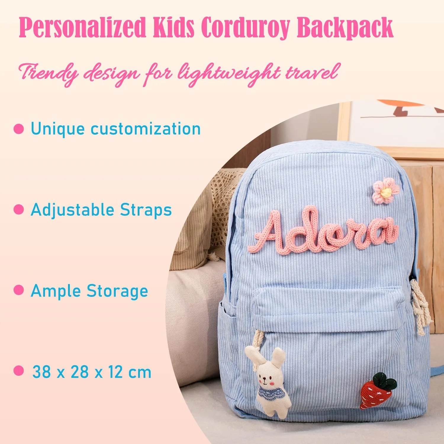 Personalized Corduroy Backpack, Custom Embroidered Name Aesthetic School Bag, Monogram Book Bag for Toddlers and Kids (Green)