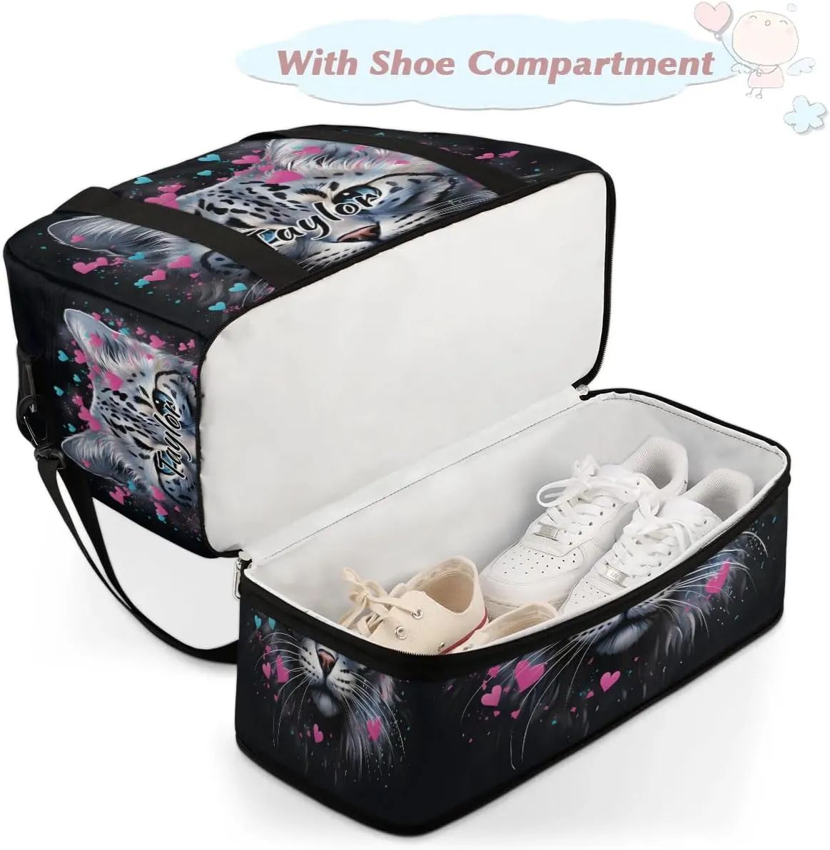Personalized Duffel Bag with Name, Custom Cat Valentine's Day Travel Sports Gym Yoga Beach Bag Customized Weekender Overnight Bag with Shoes Compartment for Women, Cat Print
