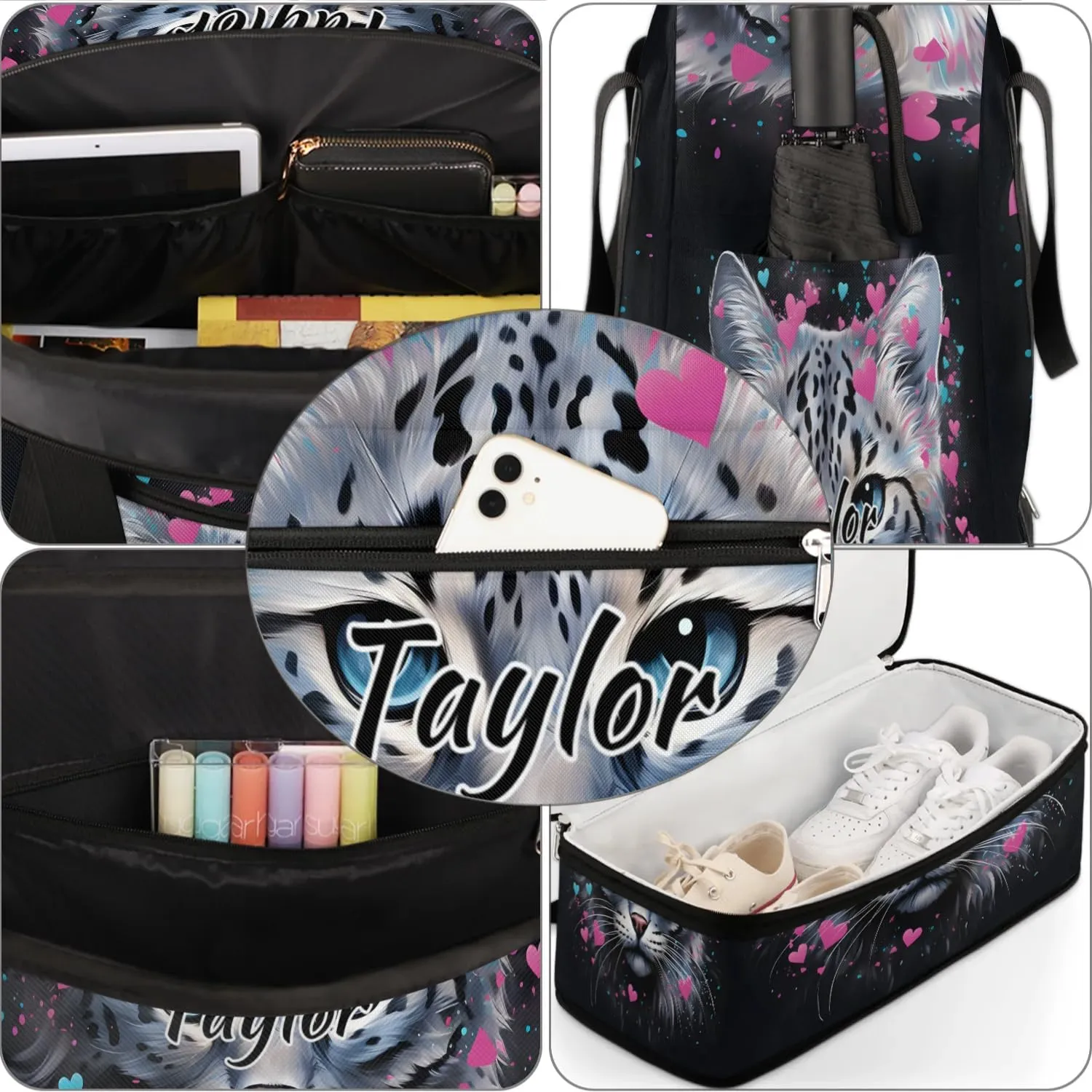 Personalized Duffel Bag with Name, Custom Cat Valentine's Day Travel Sports Gym Yoga Beach Bag Customized Weekender Overnight Bag with Shoes Compartment for Women, Cat Print