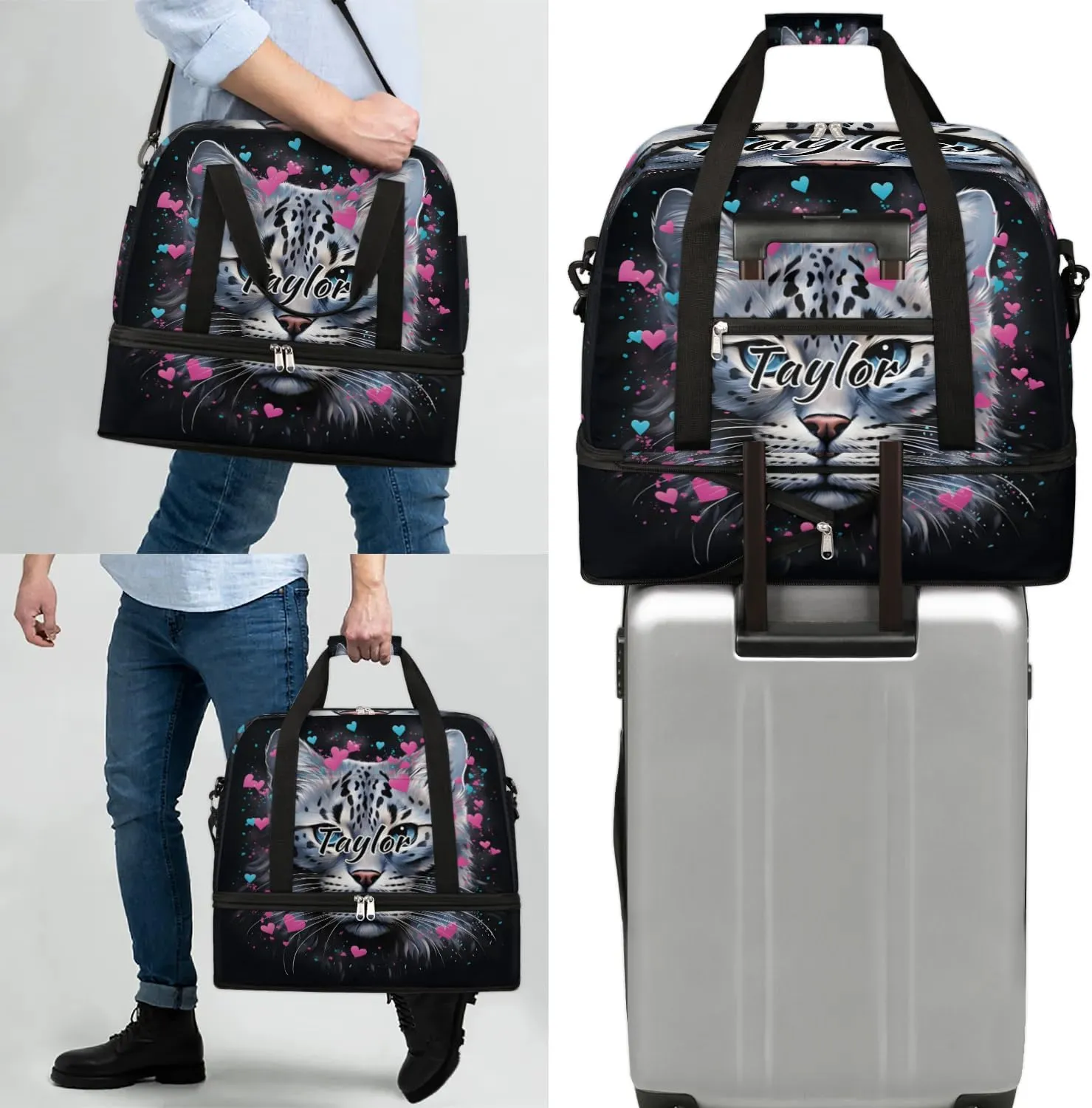 Personalized Duffel Bag with Name, Custom Cat Valentine's Day Travel Sports Gym Yoga Beach Bag Customized Weekender Overnight Bag with Shoes Compartment for Women, Cat Print