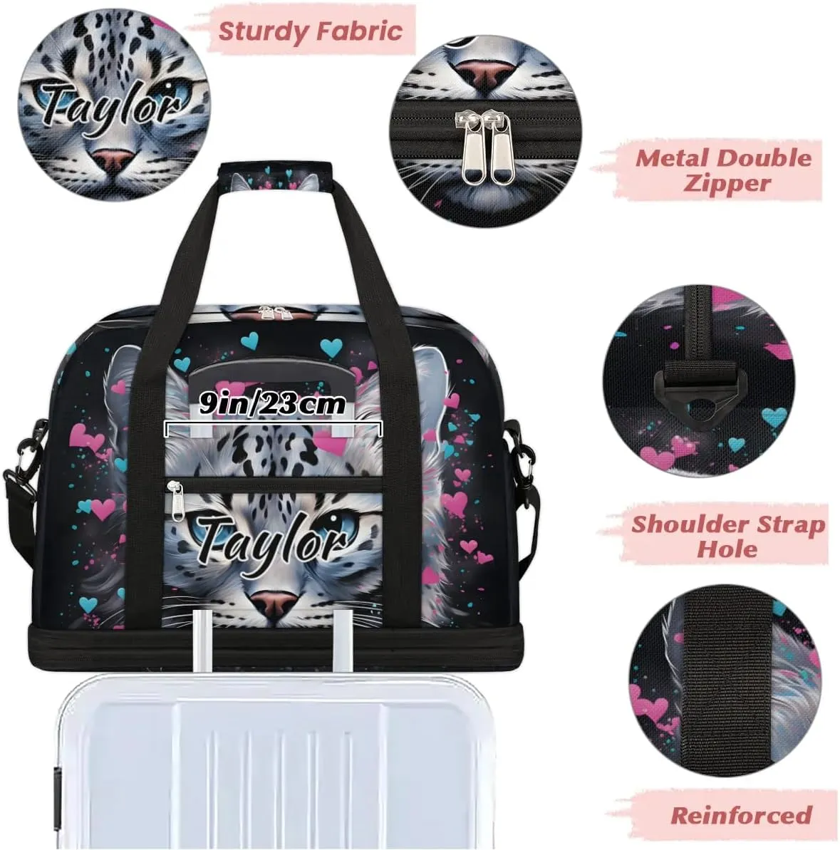 Personalized Duffel Bag with Name, Custom Cat Valentine's Day Travel Sports Gym Yoga Beach Bag Customized Weekender Overnight Bag with Shoes Compartment for Women, Cat Print