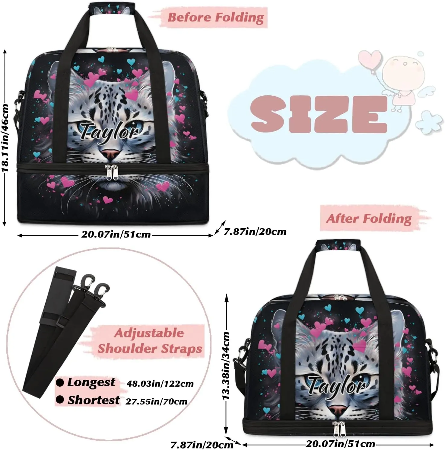 Personalized Duffel Bag with Name, Custom Cat Valentine's Day Travel Sports Gym Yoga Beach Bag Customized Weekender Overnight Bag with Shoes Compartment for Women, Cat Print