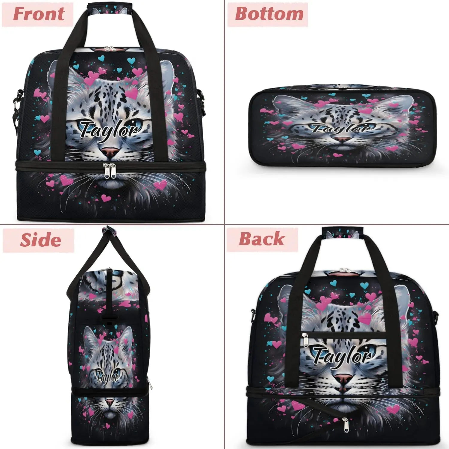 Personalized Duffel Bag with Name, Custom Cat Valentine's Day Travel Sports Gym Yoga Beach Bag Customized Weekender Overnight Bag with Shoes Compartment for Women, Cat Print