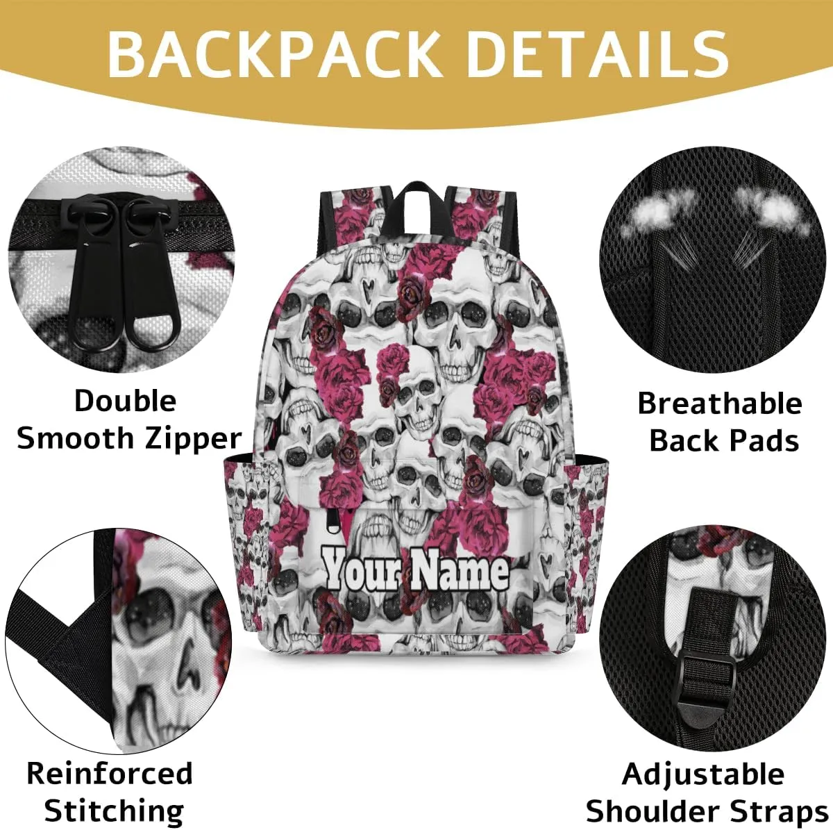 Personalized Flower Skull Preschool Toddler Backpack for Boys Girls Custom Kids Name Small Bookbags Kindergarten Elementary Backpack, Skull Print