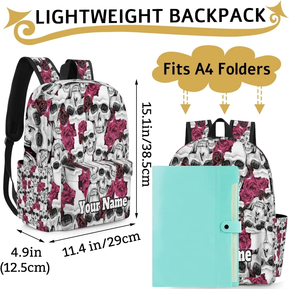 Personalized Flower Skull Preschool Toddler Backpack for Boys Girls Custom Kids Name Small Bookbags Kindergarten Elementary Backpack, Skull Print