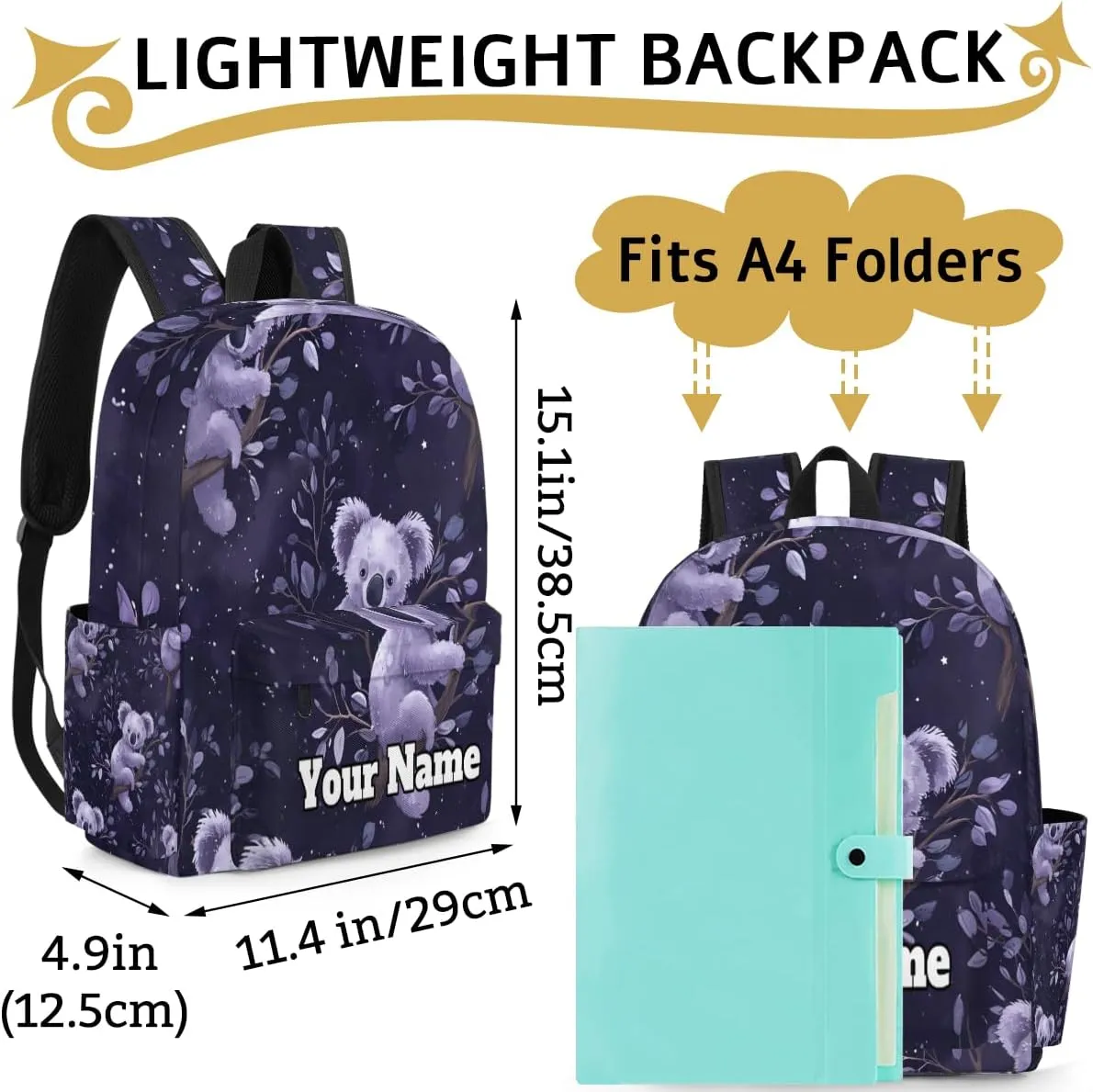 Personalized Koala Bear Preschool Toddler Backpack for Boys Girls Custom Kids Name Small Bookbags Kindergarten Elementary Backpack, Cute Koalas Bear Print