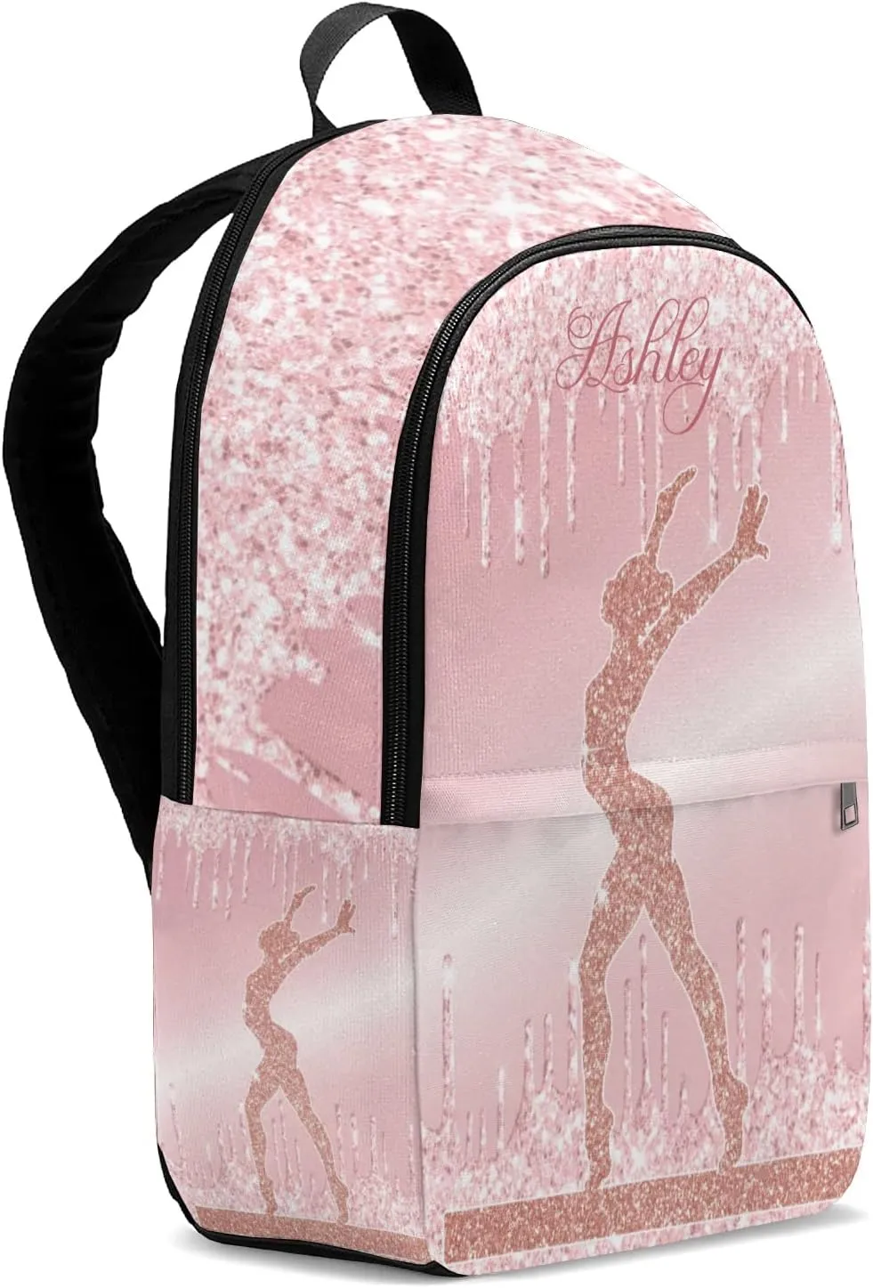 Personalized Name Pink Glitter Print Girls Gymnastics Backpack Unisex Bookbag for Boy Girl Travel Daypack Bag Purse 17.7 IN