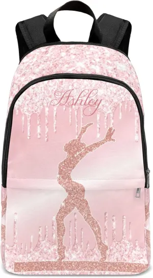 Personalized Name Pink Glitter Print Girls Gymnastics Backpack Unisex Bookbag for Boy Girl Travel Daypack Bag Purse 17.7 IN