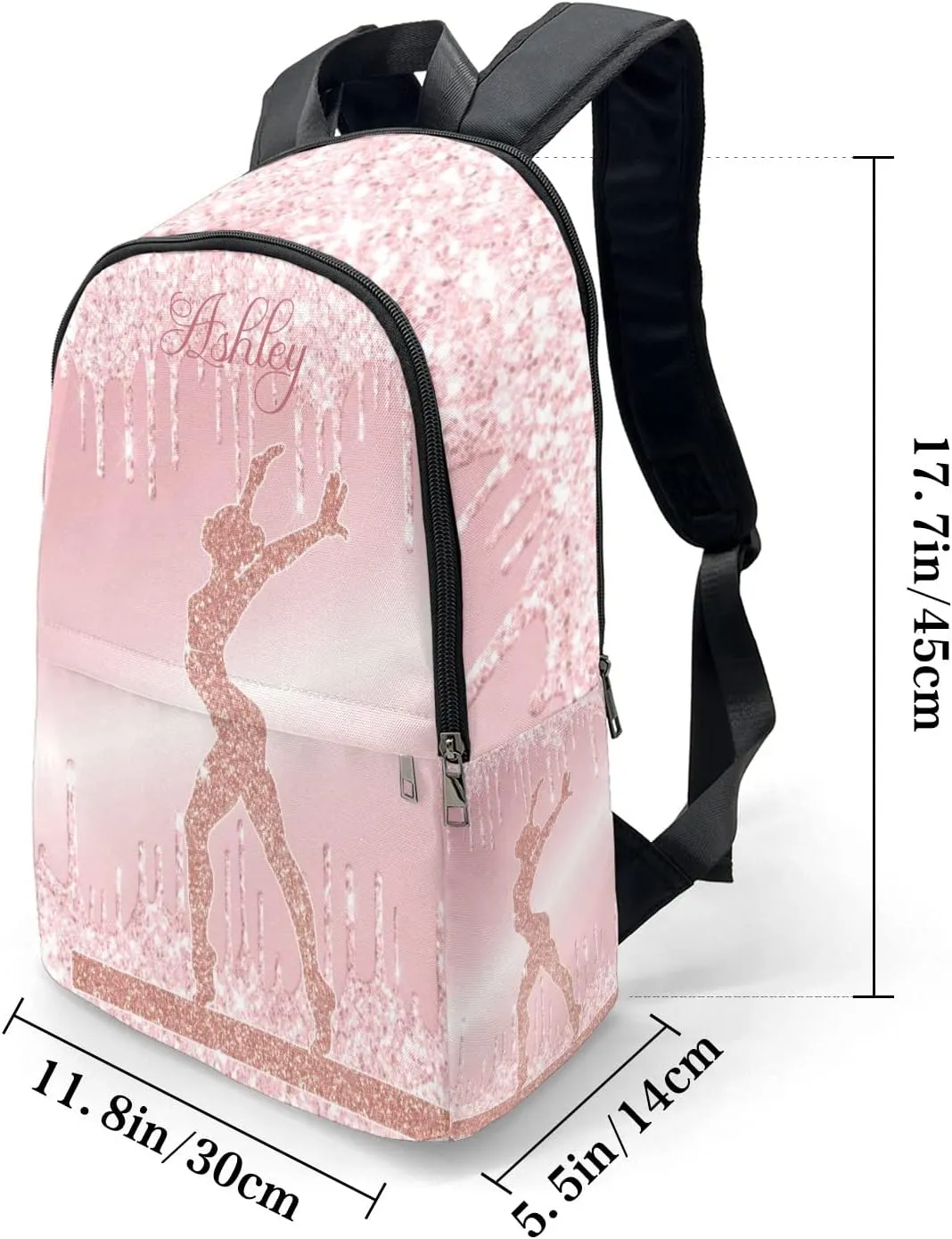 Personalized Name Pink Glitter Print Girls Gymnastics Backpack Unisex Bookbag for Boy Girl Travel Daypack Bag Purse 17.7 IN