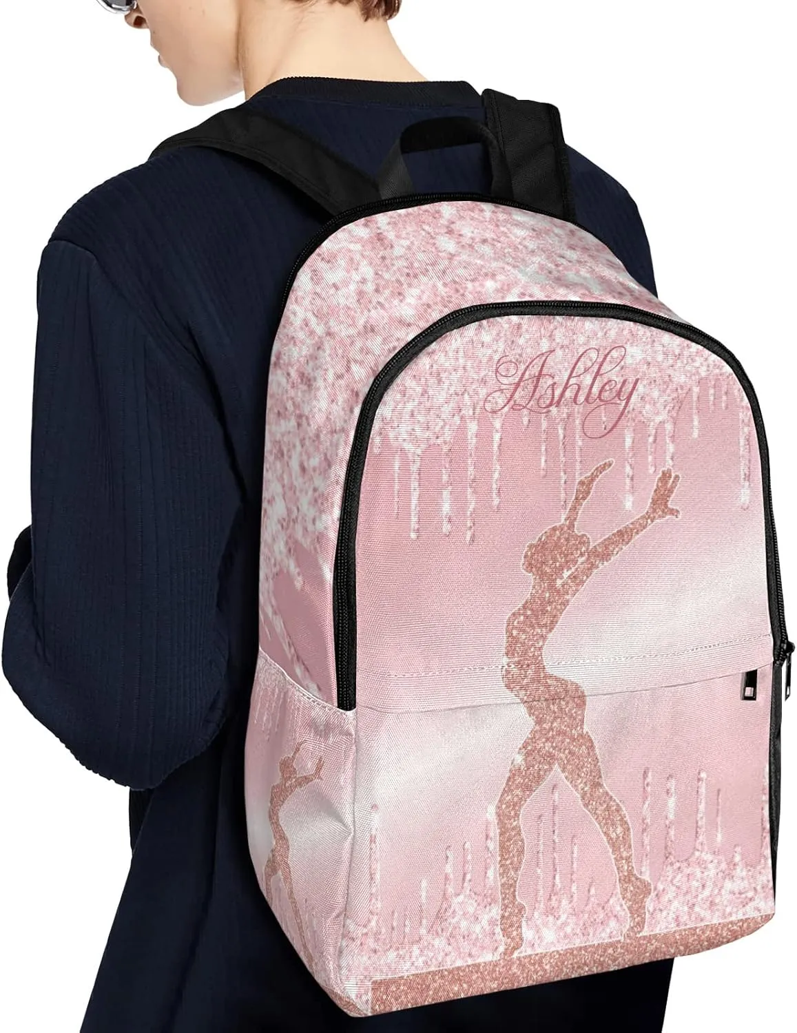 Personalized Name Pink Glitter Print Girls Gymnastics Backpack Unisex Bookbag for Boy Girl Travel Daypack Bag Purse 17.7 IN