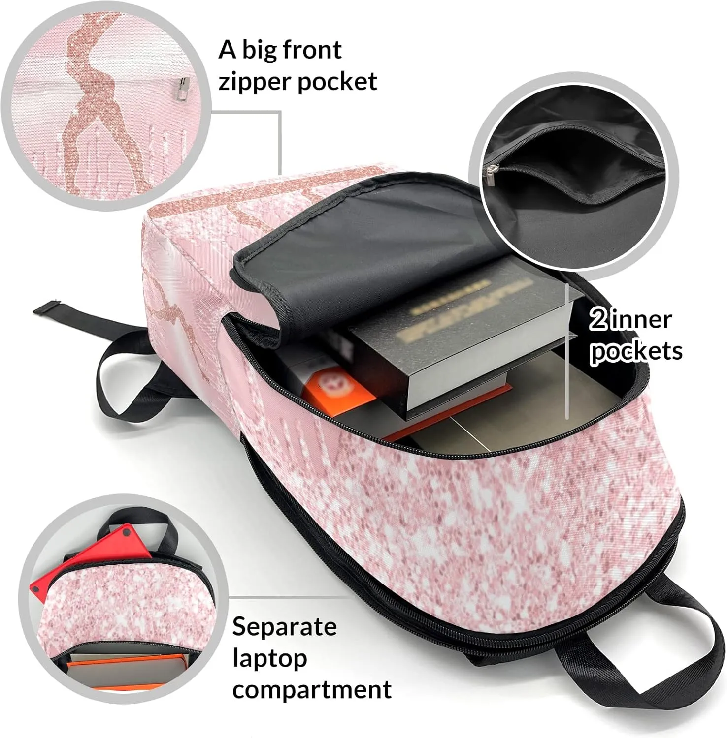 Personalized Name Pink Glitter Print Girls Gymnastics Backpack Unisex Bookbag for Boy Girl Travel Daypack Bag Purse 17.7 IN