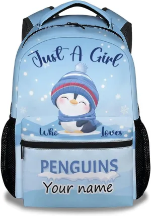 Personalized Penguin Backpacks for Girls, 16 Inch Cute Backpack for School, Blue, Large Capacity, Durable, Lightweight Bookbag for Boys Travel