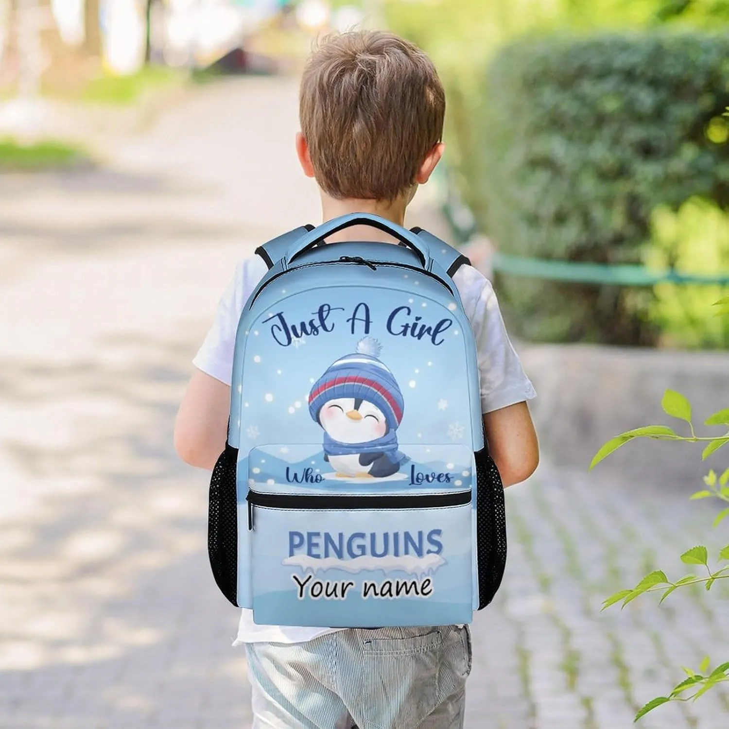 Personalized Penguin Backpacks for Girls, 16 Inch Cute Backpack for School, Blue, Large Capacity, Durable, Lightweight Bookbag for Boys Travel