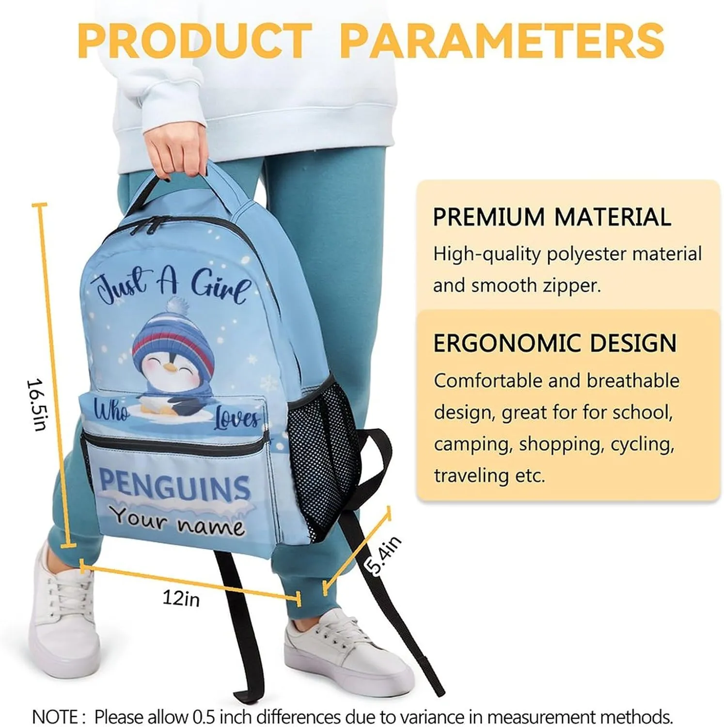 Personalized Penguin Backpacks for Girls, 16 Inch Cute Backpack for School, Blue, Large Capacity, Durable, Lightweight Bookbag for Boys Travel