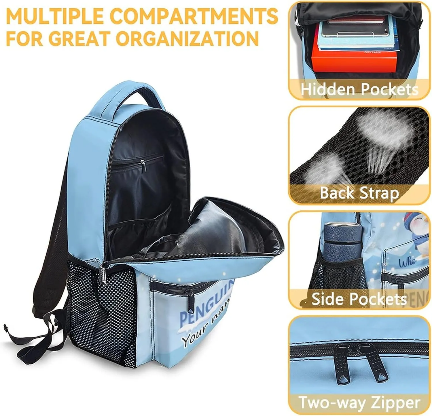 Personalized Penguin Backpacks for Girls, 16 Inch Cute Backpack for School, Blue, Large Capacity, Durable, Lightweight Bookbag for Boys Travel