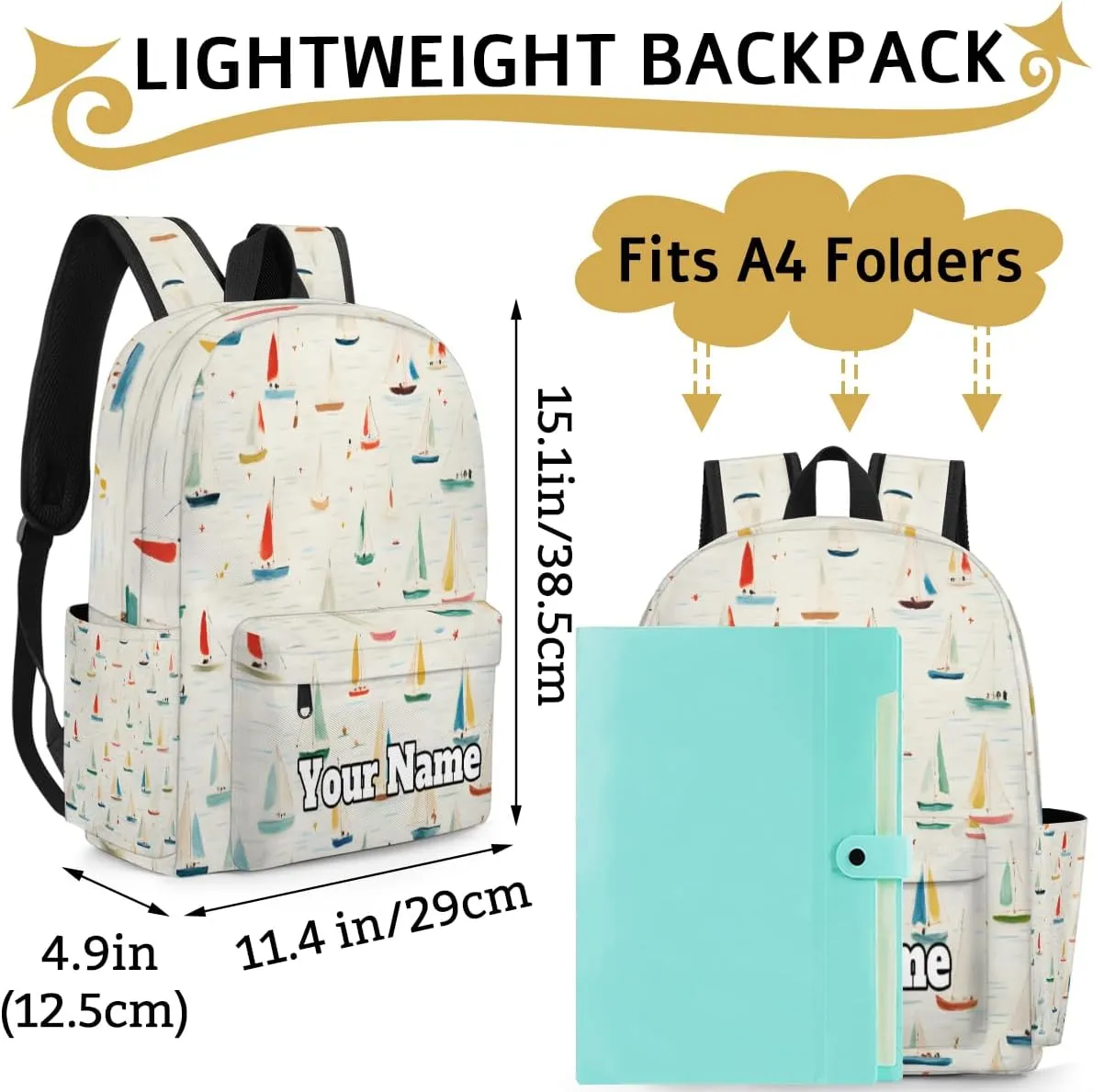 Personalized Sailboat Print Preschool Toddler Backpack for Boys Girls Custom Kids Name Small Bookbags Kindergarten Elementary Backpack, Nautical Sailboat