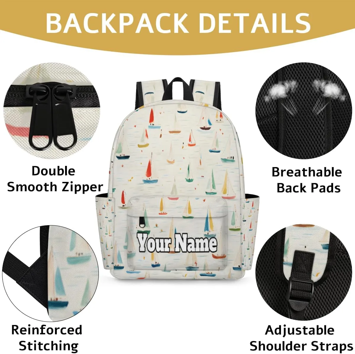 Personalized Sailboat Print Preschool Toddler Backpack for Boys Girls Custom Kids Name Small Bookbags Kindergarten Elementary Backpack, Nautical Sailboat