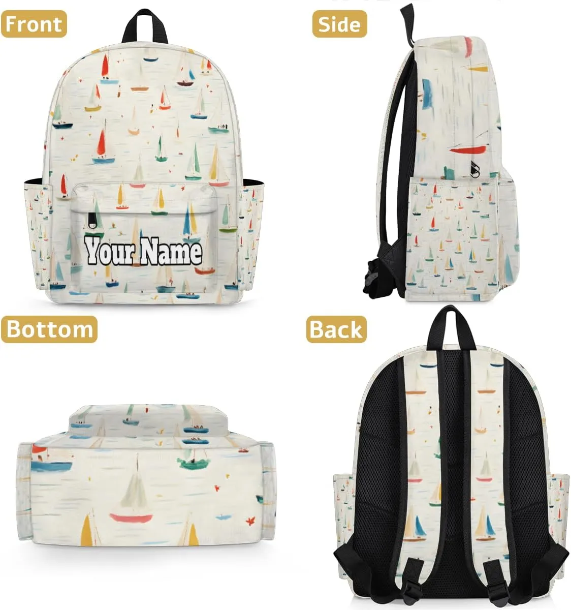 Personalized Sailboat Print Preschool Toddler Backpack for Boys Girls Custom Kids Name Small Bookbags Kindergarten Elementary Backpack, Nautical Sailboat