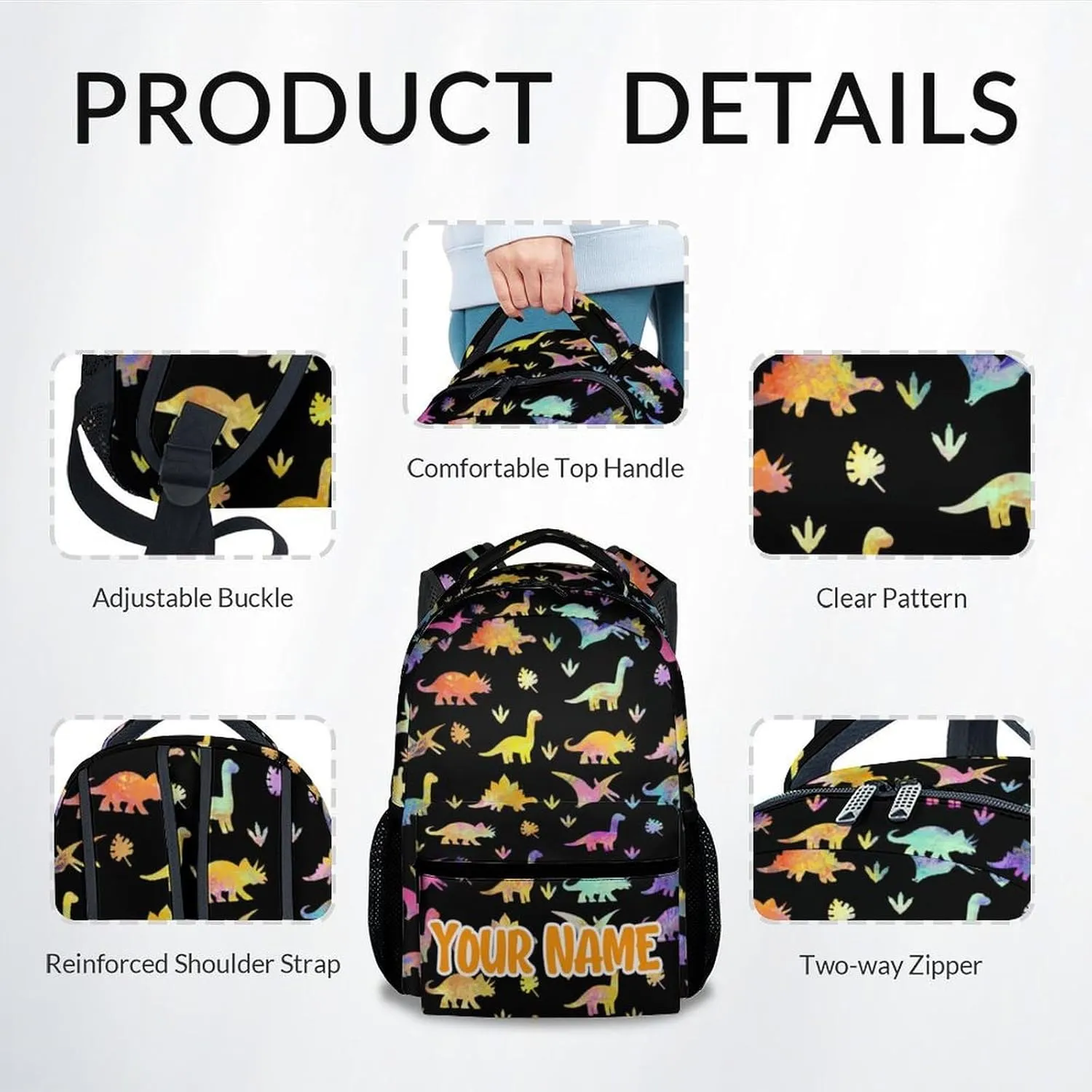 Personalized School Backpack for Boys - 17 Inch Large Capacity Aesthetic Kid Backpack - Black Durable Dinosaur Bookbag for School, Travel and Camp