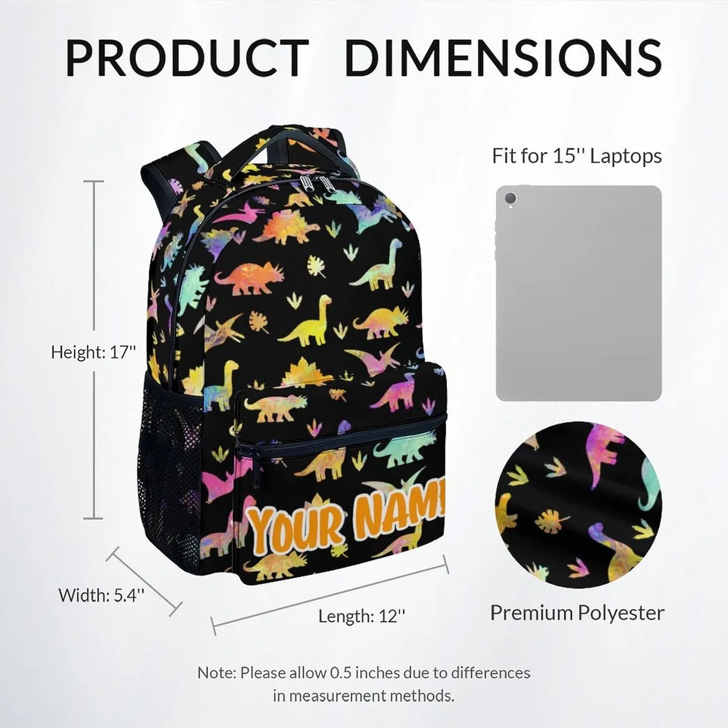 Personalized School Backpack for Boys - 17 Inch Large Capacity Aesthetic Kid Backpack - Black Durable Dinosaur Bookbag for School, Travel and Camp