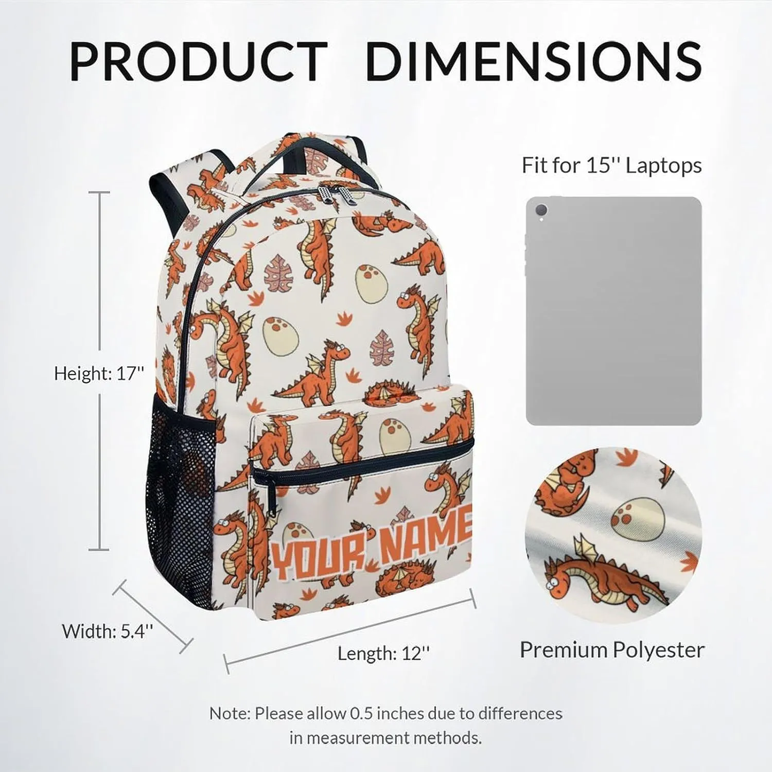 Personalized School Backpack for Boys - 17 Inch Large Capacity Aesthetic Kid Backpack - Orange Durable Dragon Bookbag for School, Travel and Camp