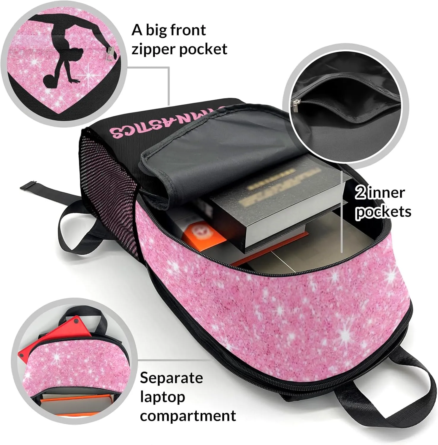 Personalized School Bags Gymnastics Ball Pink Glitter Print Backpack Custom Name Daypack Book Bag for Camping Sports Present