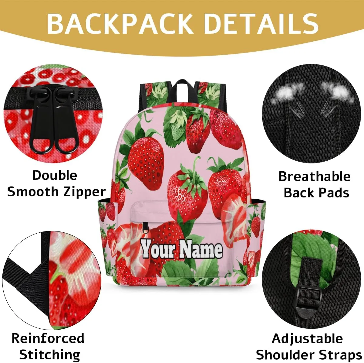 Personalized Strawberry Print Preschool Toddler Backpack for Boys Girls Custom Kids Name Small Bookbags Kindergarten Elementary Backpack, Fruit