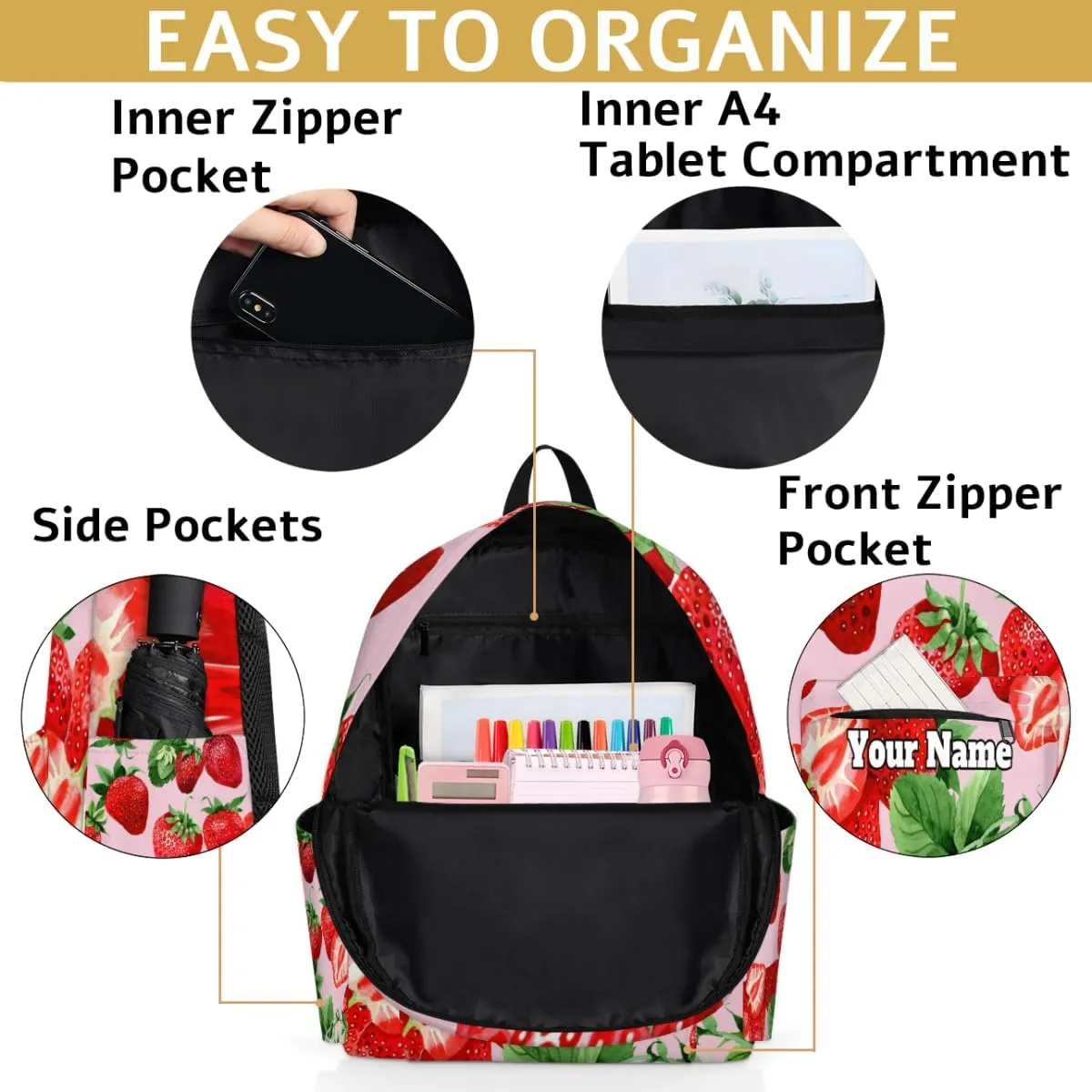 Personalized Strawberry Print Preschool Toddler Backpack for Boys Girls Custom Kids Name Small Bookbags Kindergarten Elementary Backpack, Fruit