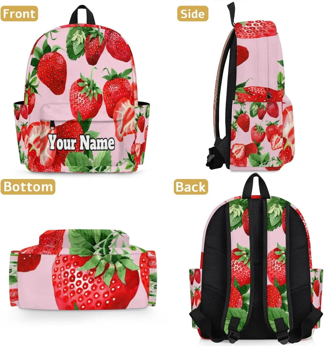 Personalized Strawberry Print Preschool Toddler Backpack for Boys Girls Custom Kids Name Small Bookbags Kindergarten Elementary Backpack, Fruit