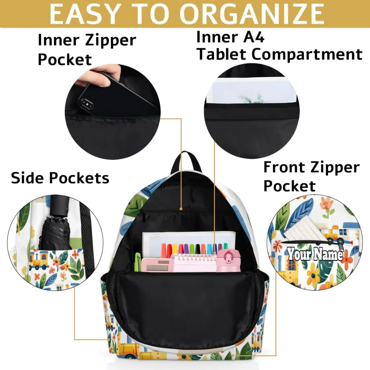 Personalized Trains Cars Preschool Toddler Backpack for Boys Girls Custom Kids Name Small Bookbags Kindergarten Elementary Backpack, Cars Print